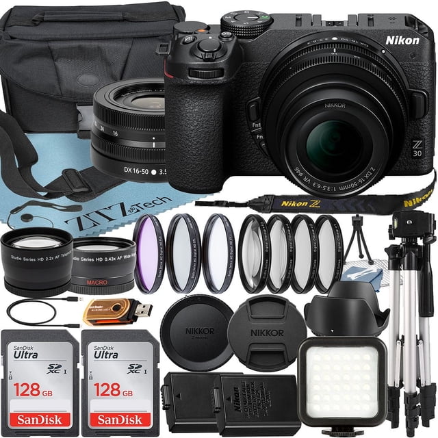 Cámara sin Espejo Nikon Z30 con Lente Zoom NIKKOR Z DX 16-50 Mm VR + Tarjeta SanDisk 128 Gb + Estuche + Teleobjetivo + Trípode + Paquete de Accesorios ZeeTech