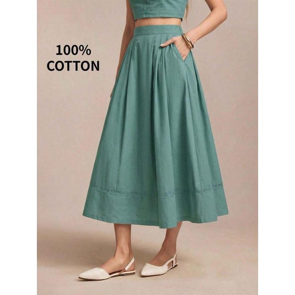 Green 100% Cotton A-Line Midi Skirt With Side Pockets And Lace Hem Detail