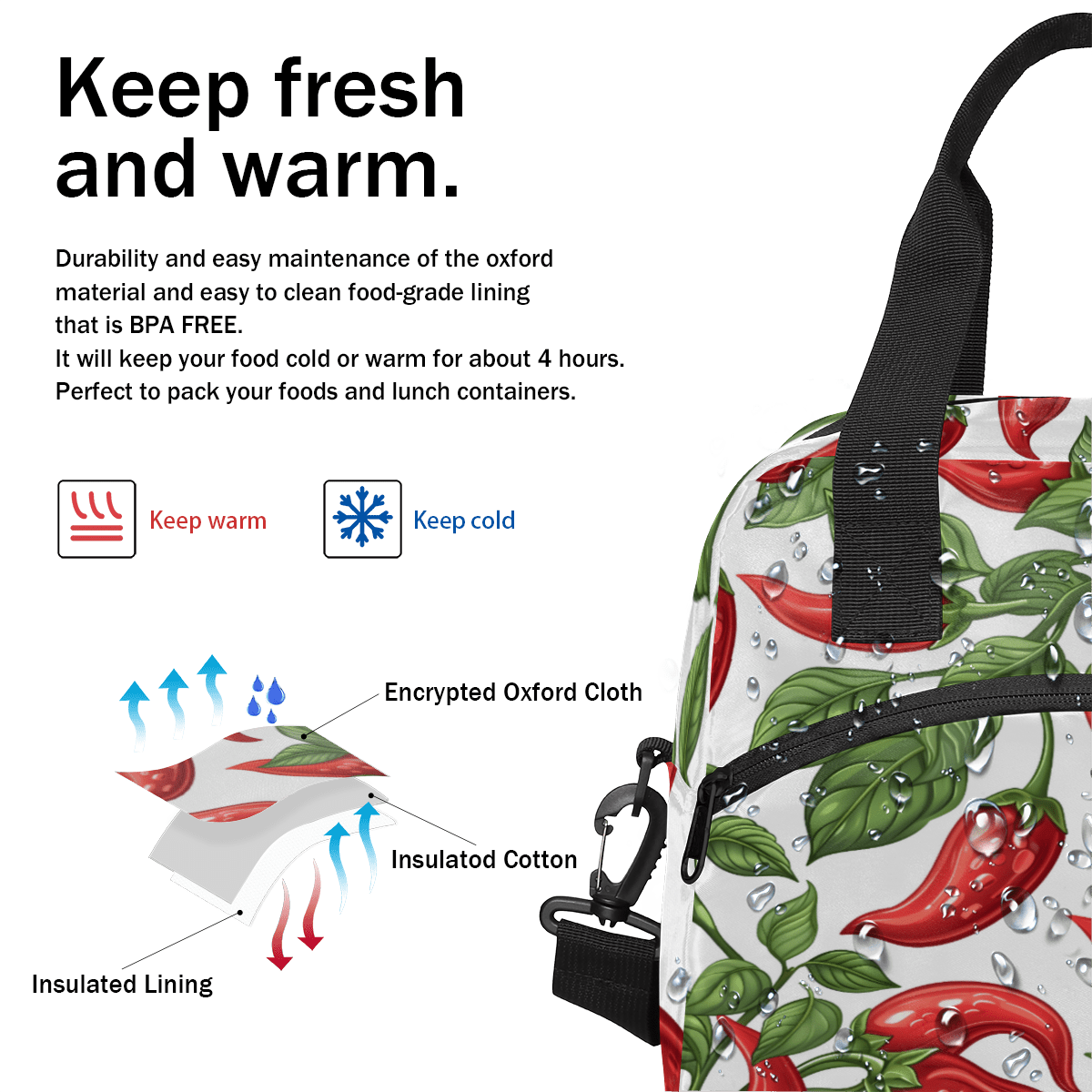 Herdesigns Red Pepper Insulated Lunch Bag for Women Men Adults Large Reusable Lunch Box Chili Pepper Leakproof Cooler Tote Bags with Adjustable Shoulder Strap