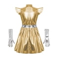 thumbnail image 4 of vastwit Kids Girls Alien Outfit Metallic Cap Sleeves Mock Neck Robot Mini Dress with Gloves 2Pcs Set Light Gold 8, 4 of 5