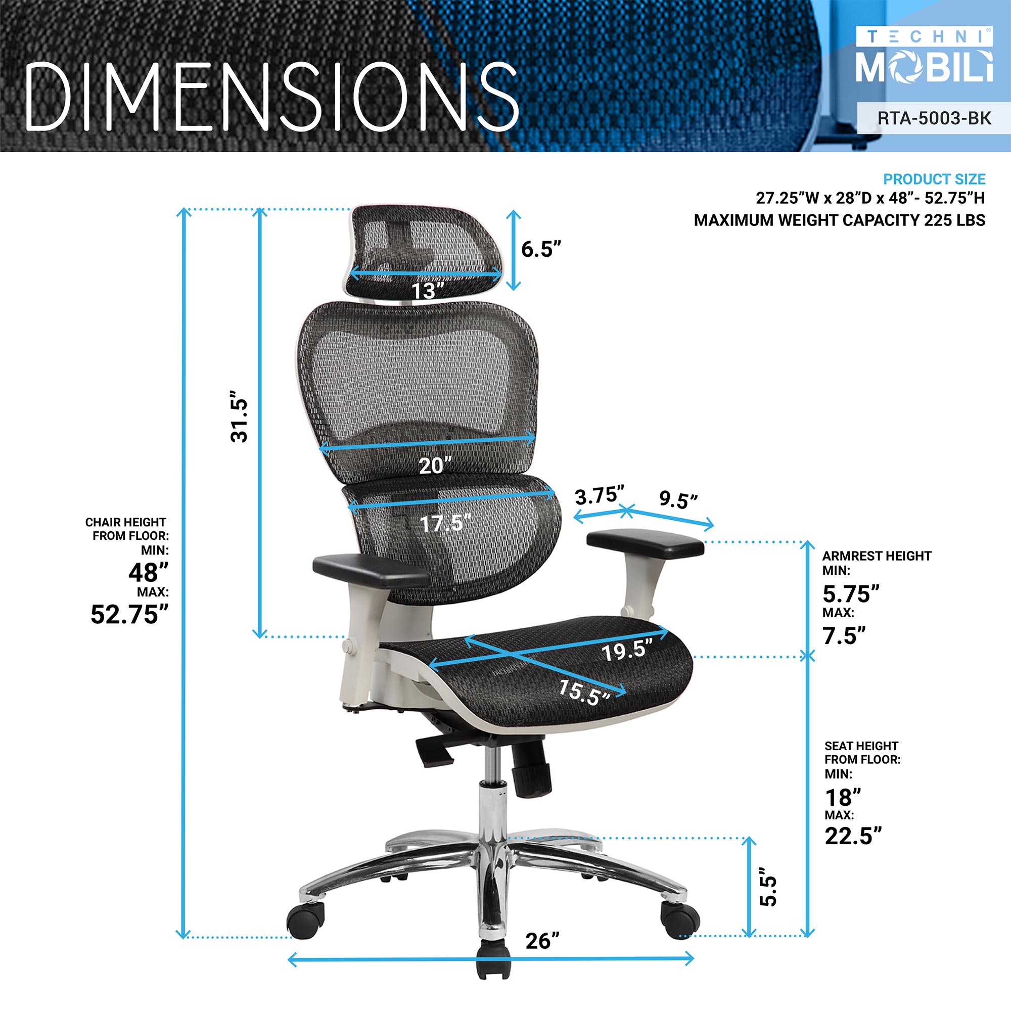 Techni Mobili  High Back Executive Mesh Office Chair with Arms, Lumbar  Support and Chrome Base