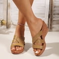 thumbnail image 2 of Rokment Cork Footbed Wedges Slip on Dressy Sandals for Women Ladies Fashion Casual Leather Open Toe Platform Chunky Heeled Beach Summer Dress Slides Shoes Khaki Size 6.5, 2 of 6