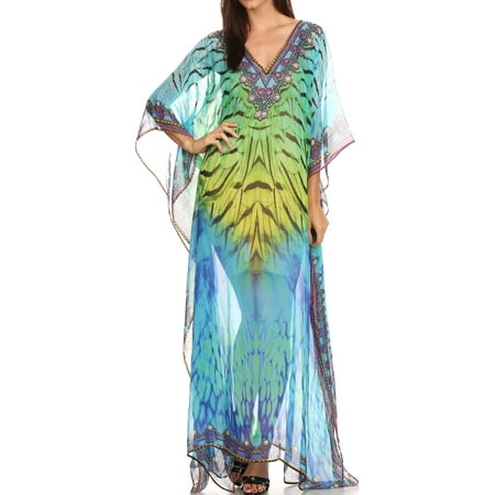 Sheer Caftan - Sakkas Wilder Printed Design Long Sheer Rhinestone Caftan Dress / Cover Up - Green Yellow / Multi - One Size Regular
