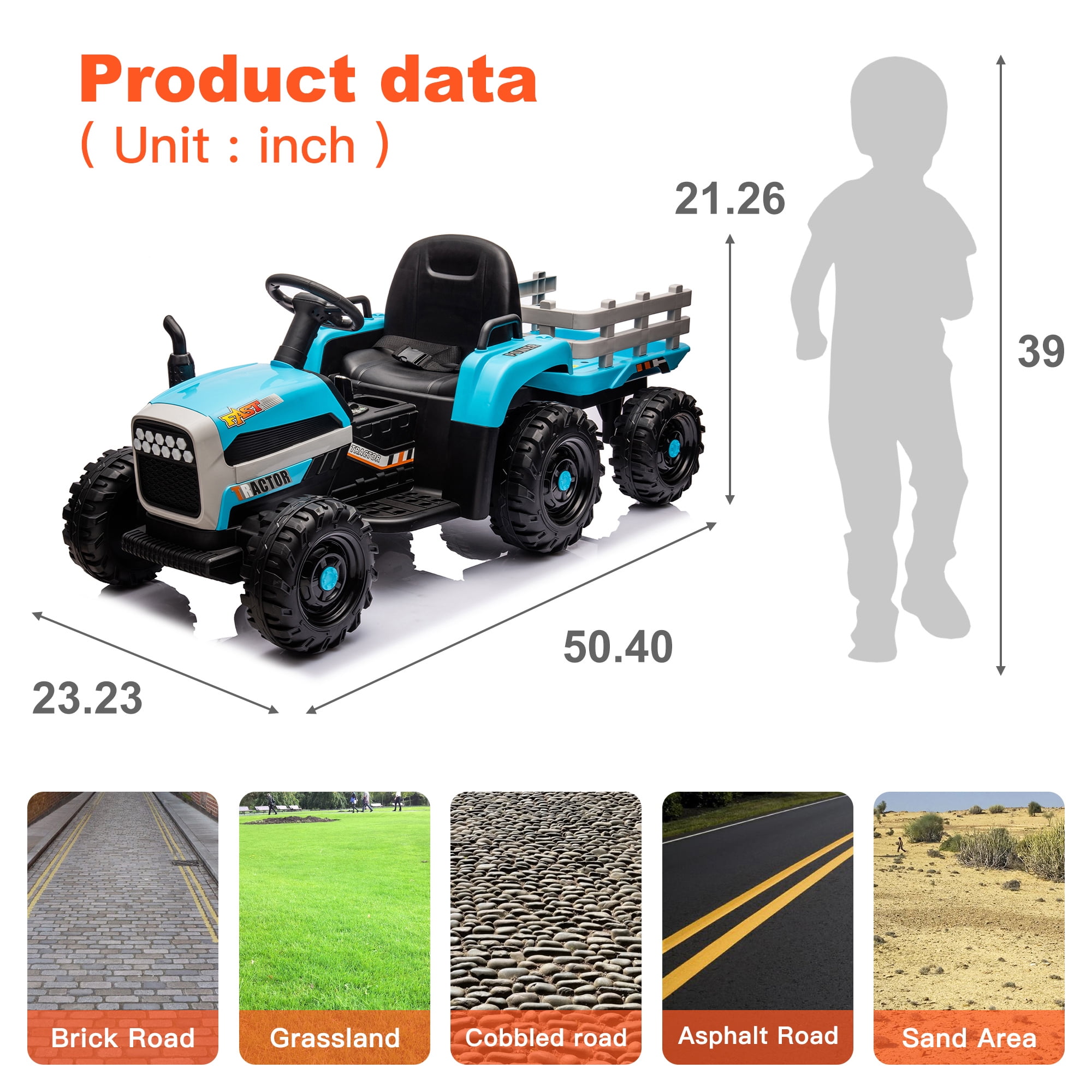 CIPACHO 12v Battery-Powered Kids Toy Tractor with Trailer and 3-Gear-Shift Ground Loader Ride On with USB&Bluetooth Audio Functions, Blue CIPACHO 12v Battery-Powered Kids Toy Tractor with Trailer and 3-Gear-Shift Ground Loader Ride On with USB&Bluetooth Audio Functions, Blue