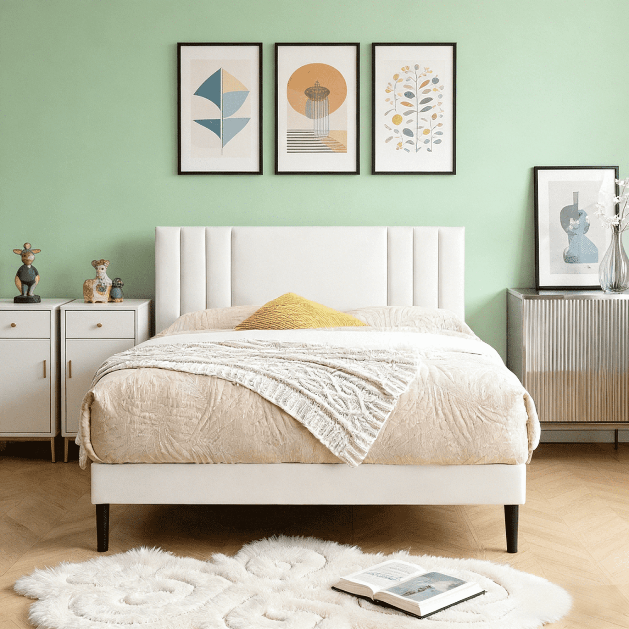 Gewnee Queen Size Platform Bed Frame with Upholstered Headboard,Faux Leather,Wood Slat Support,Easy Assembly,No Box Spring Required.White