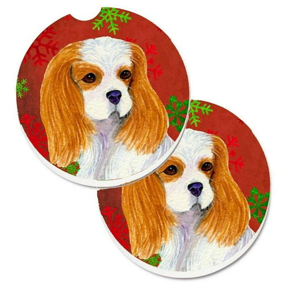 Cavalier Spaniel Red & Green Snowflakes Holiday Christmas Set of 2 Cup Holder Car Coaster