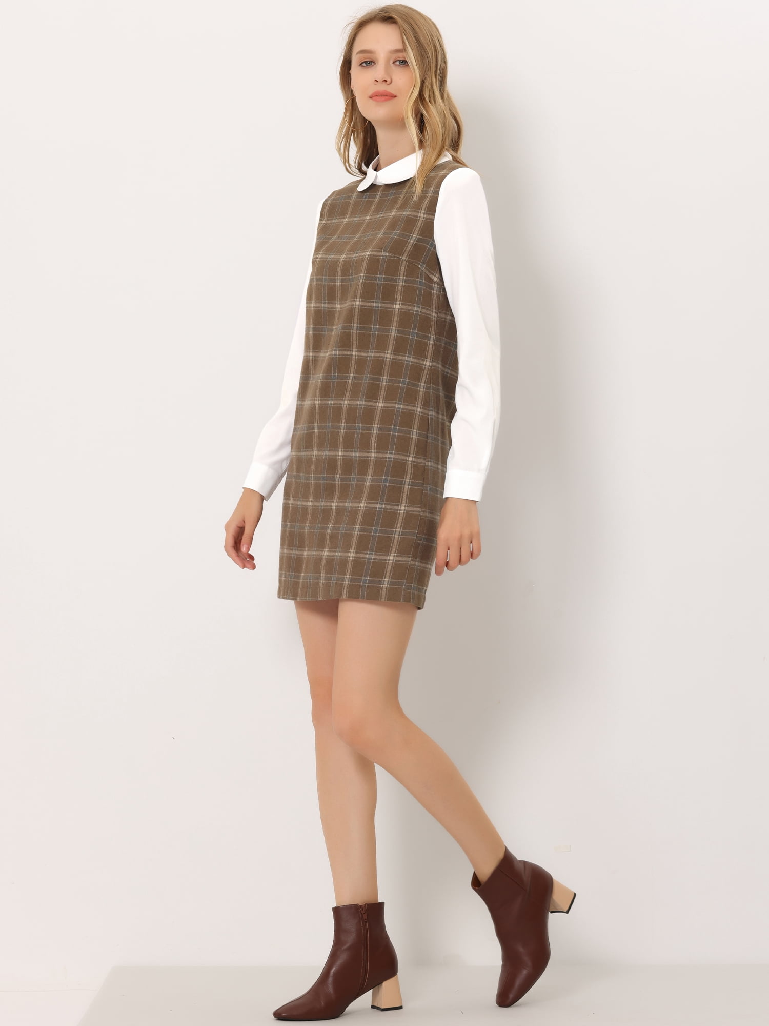 DARING DIVA Plaid Peter Pan Collar Long Sleeve Check Shift Dress XS Brown