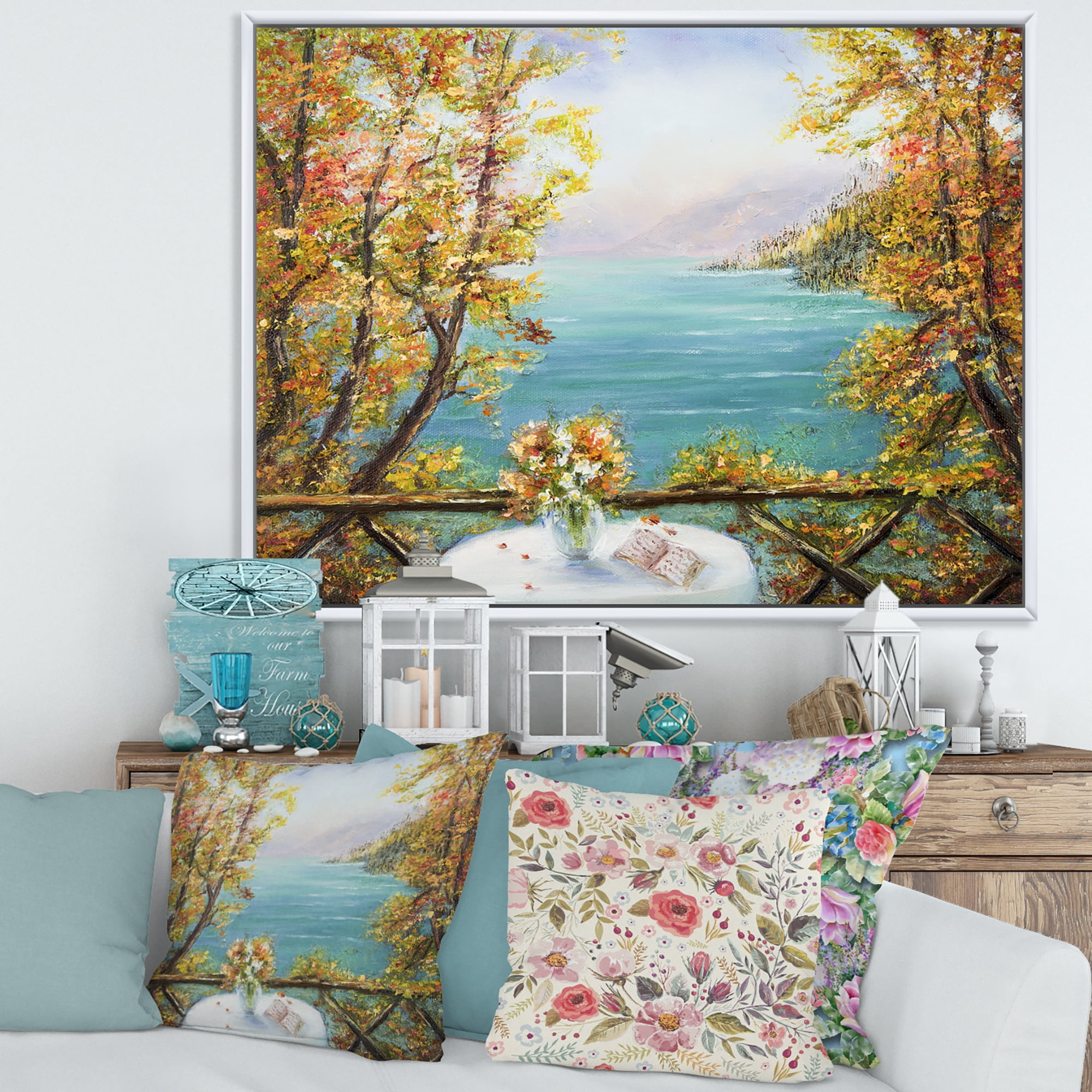 Designart 'The Blue Ocean View From Terrace' Nautical & Coastal Framed Canvas Wall Art Print