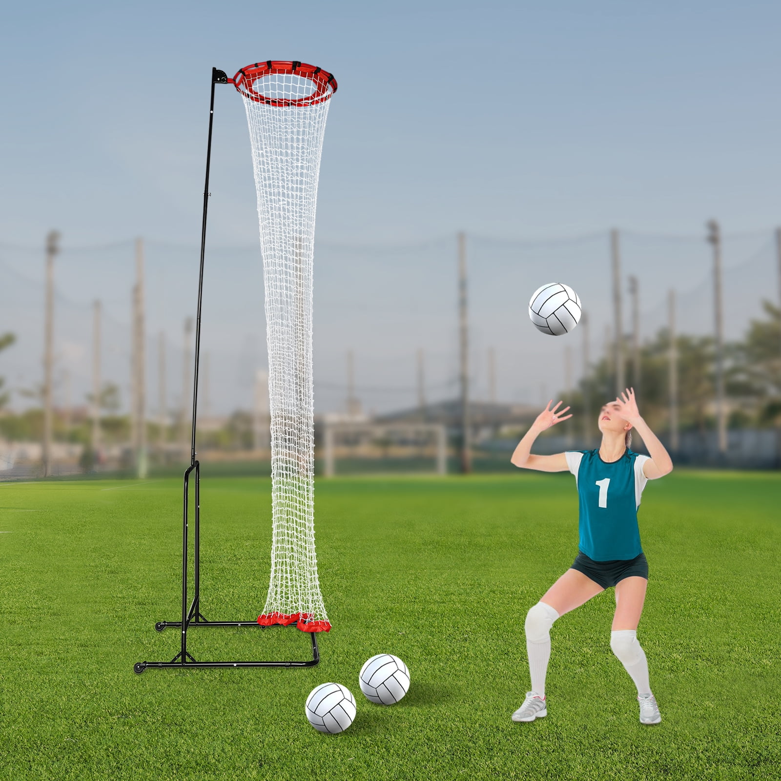 Black & Red Adjustable Volleyball Trainer - 5.58-11ft Height & 0-90° Angle - Professional Knotless Net - Portable with Wheels