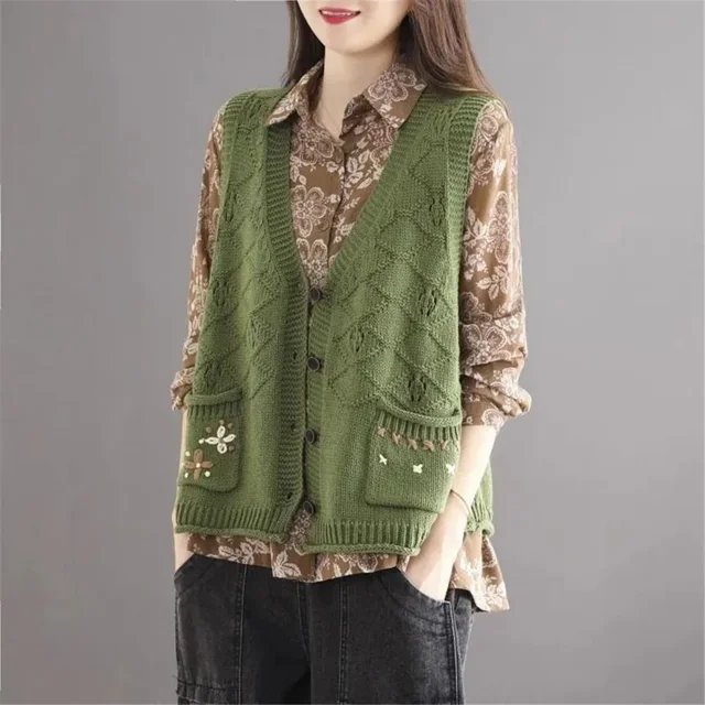 Suéter tejido a mano de moda coreana con bolsillo de flores, chaleco de punto para mujer para primavera y verano, cárdigan sin mangas, chaleco vintage