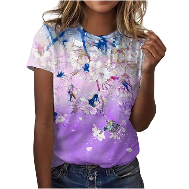 Pompotops Hauts de Mode pour Femmes Imprimé Décontracté Coupe Ample Tee-Shirts Blouse Imprimée Col Rond