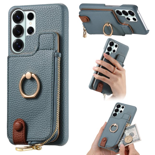 Funda FOXDOCK para Samsung Galaxy S26 Ultra Diseño con anillo, soporte, almacenamiento y protección RFID-azul