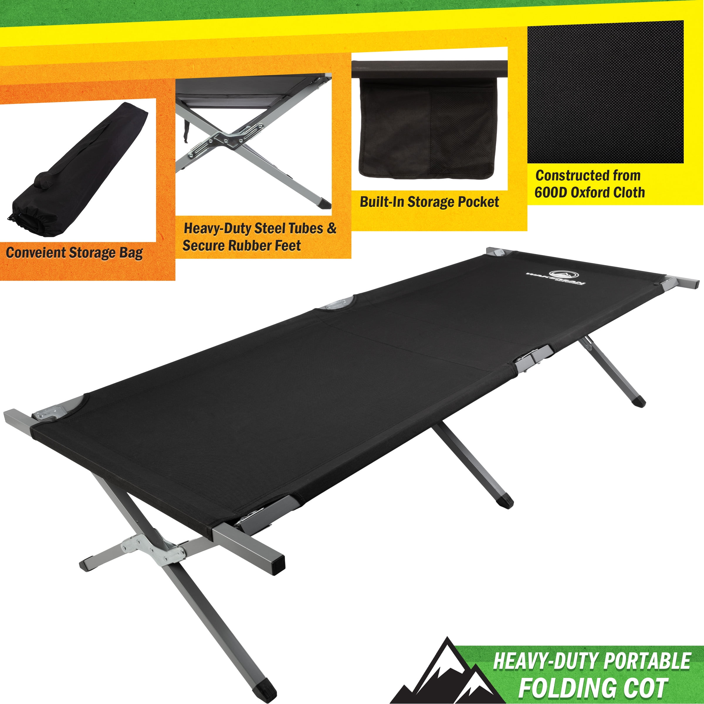 Wakeman Outdoors Camping Cot - Folding Camp Bed with Storage Pocket, Black
