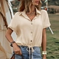 thumbnail image 5 of Women Summer Tops Women's Summer New Solid Color Button Up Cardigan With Tie Up Short Sleeves Womens Tops Casual Fit Stretch T Shirt Women Athletic Shirts Shorts Colorful Undershirts Ladies Beige S, 5 of 5