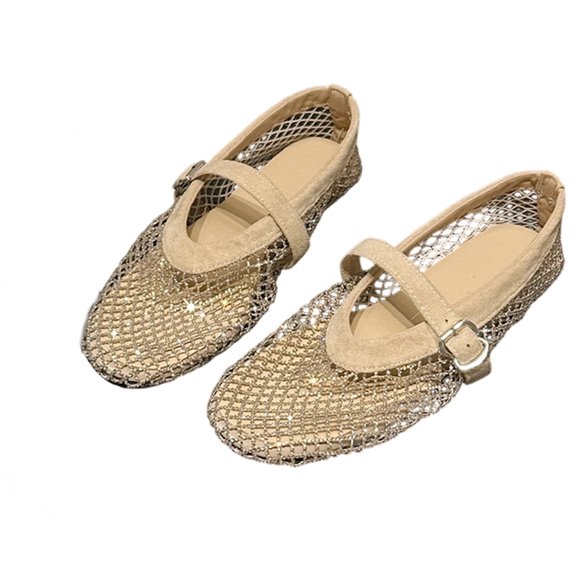 pwidon Women's Round Toe Mary Jane Flat Shoes Breathable Fishnet Mesh Rhinestone Adjustable Buckle Wedding Casual Walking Loafers Beige 5