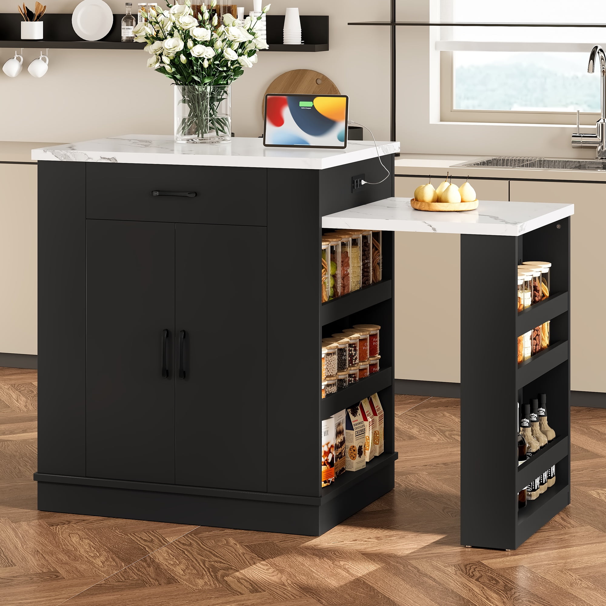 Large Extendable Kitchen Island for Family Use, Dining Table and Breakfast Bar with Storage Drawers, Cabinet Doors and Open Shelves, Ideal for Kitchen and Dining Room, Black