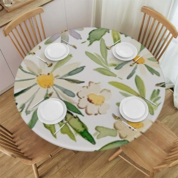 Round Fitted Tablecloth with Elastic Edged | Daisy Flowers | Table Cover Tabletop Decoration for Restaurant
