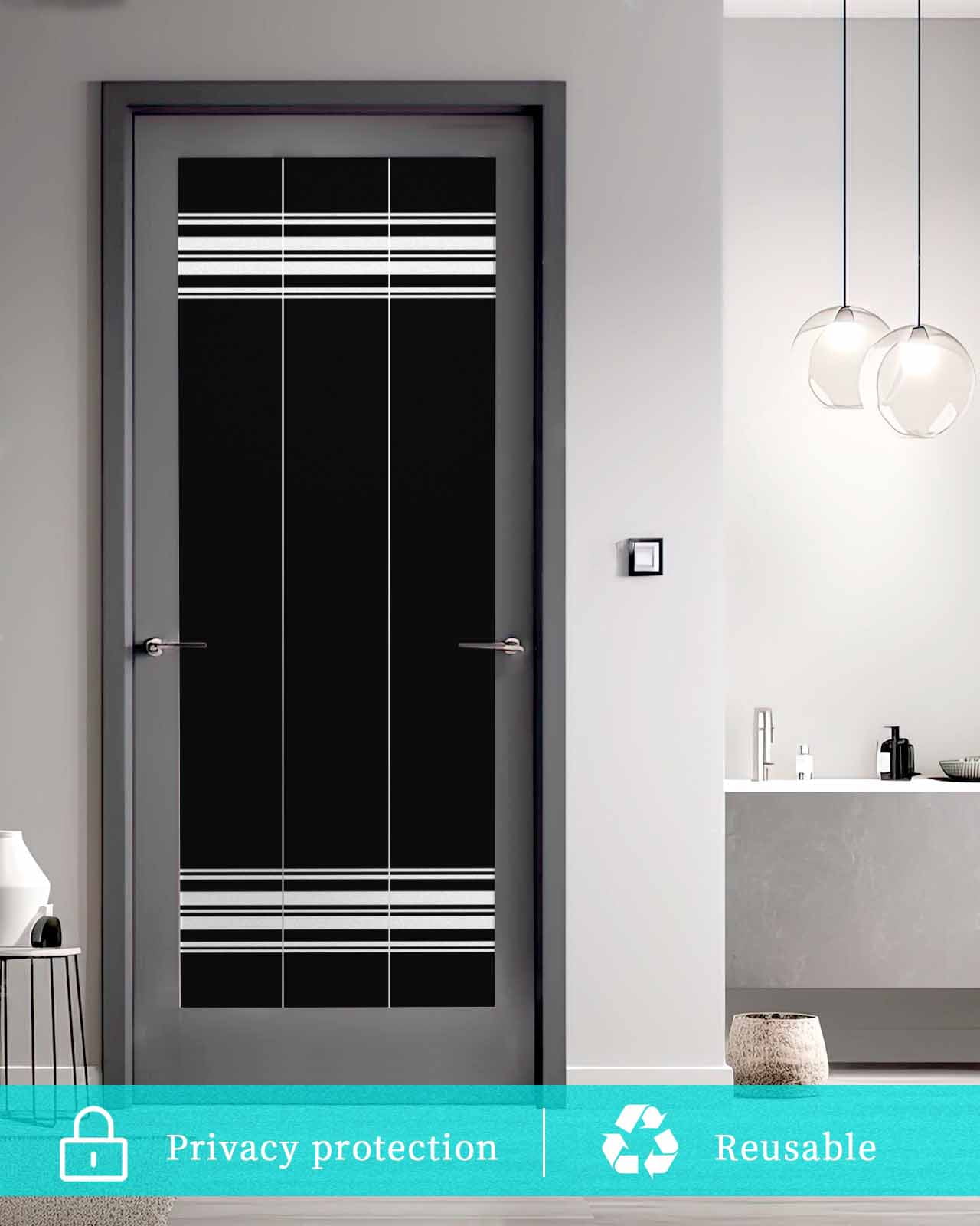 Window Privacy Film,Black Stripes UV Sun Blocking Window Tint Film Heat Control One Way Blackout Window Film,Farmhouse Modern White Vertical Lines Non Adhesive Static Cling Window Sticker 23.6x59 In