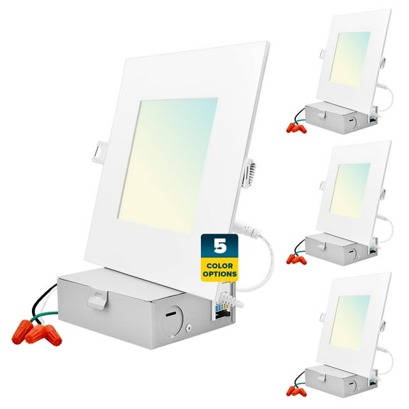 Sunperian 6 inch Square Ultra-Thin LED Recessed Light J-Box 5 Color Options 12W 1000 Lumens Dimmable Wet Rated 4 Pack