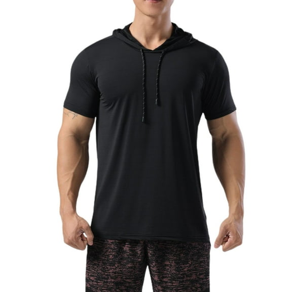 SWSMCLT Men's Short Sleeve T Shirt Soft Quick Dry Workout Top Running Stretch Slim Fit Comfy Tees Cool Summer Hooded Tshirt Black Medium