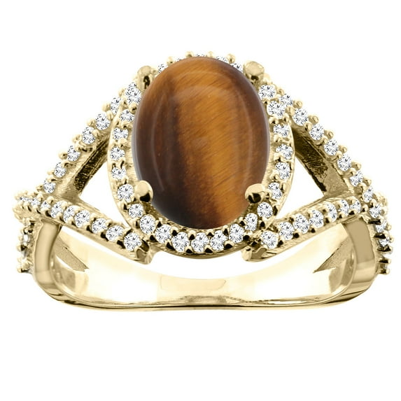 14K Yellow Gold Natural Tiger Eye Ring Oval 10x8mm Diamond Accent, size 6.5