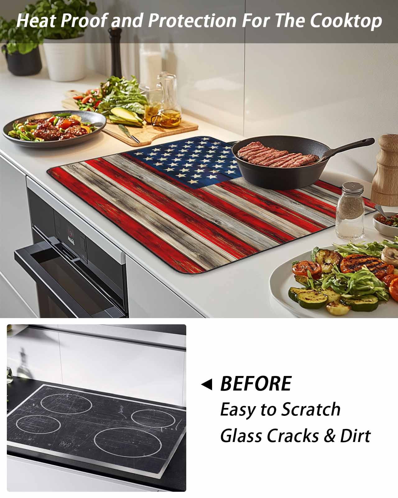 Stove Top Covers for Electric Stove, Vintage American Flag Glass Stovetop Cover Protector, Blue Star Red Striped Wooden Induction Cooktop Protector Oven Mat for Kitchen Countertop 24"x21"