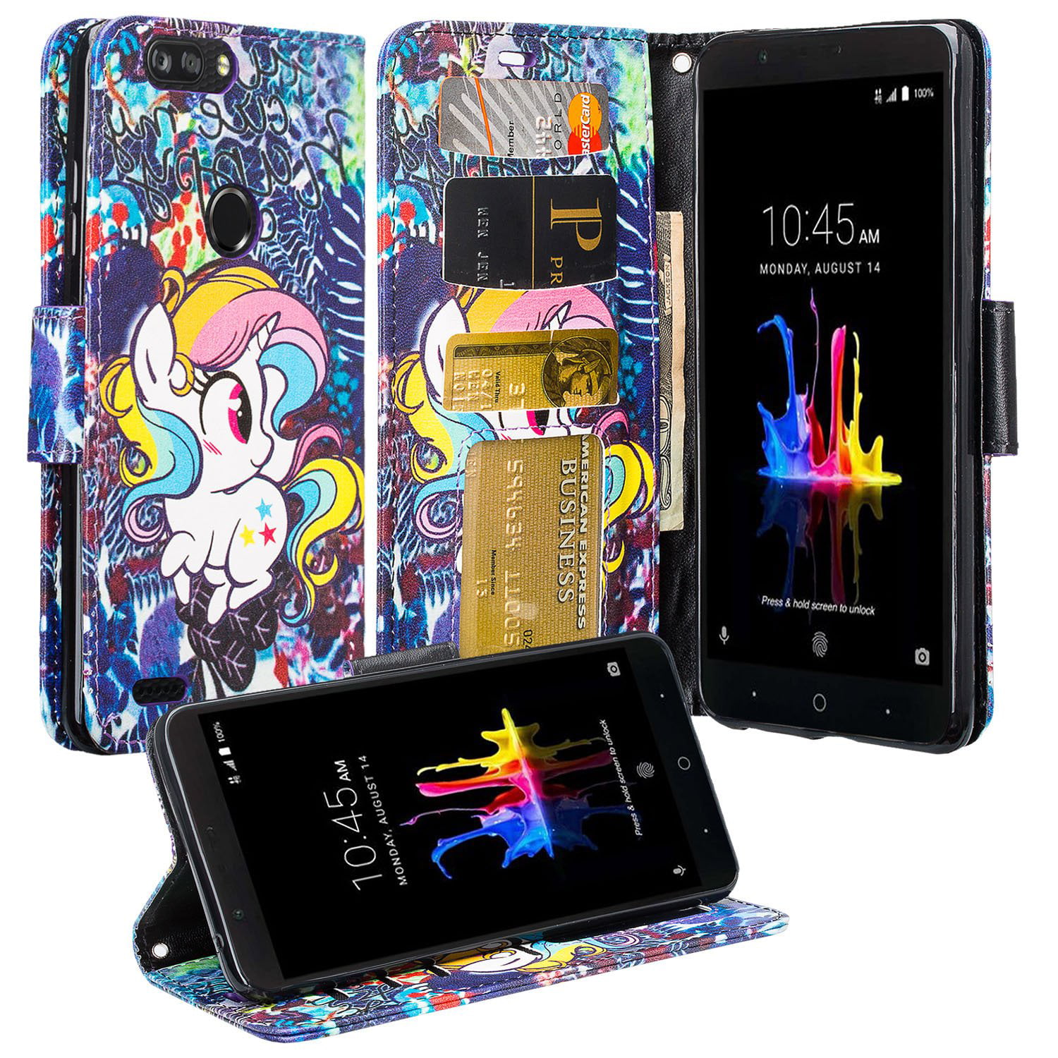 ZTE Sequoia | Blade Z Max | ZTE Z982 Case, Wrist Strap Pu Leather Magnetic  Flip[Kickstand] Wallet Case Cover with ID & Card Slots - Rainbow Unicorn
