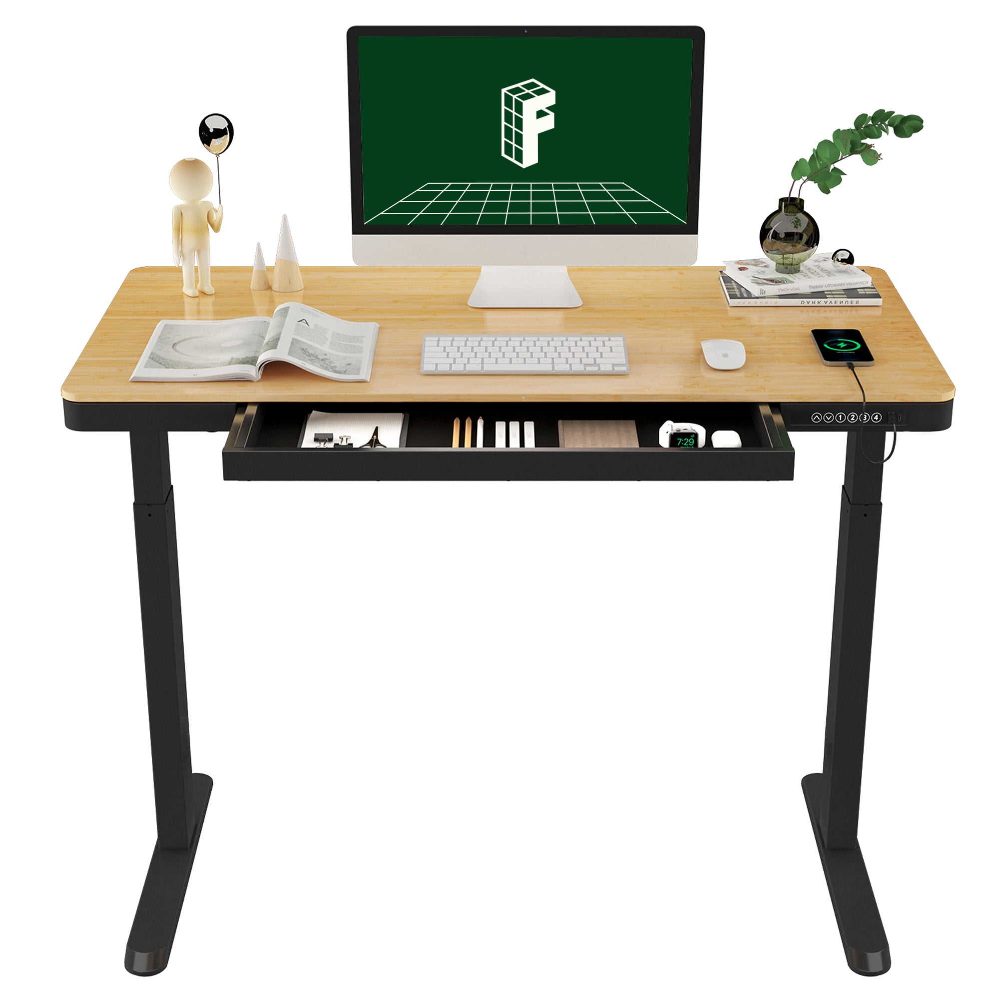 FLEXISPOT 48"x24" Black Home Office Height Adjustable Standing Desk Bamboo Texture Top with USB Charge Ports