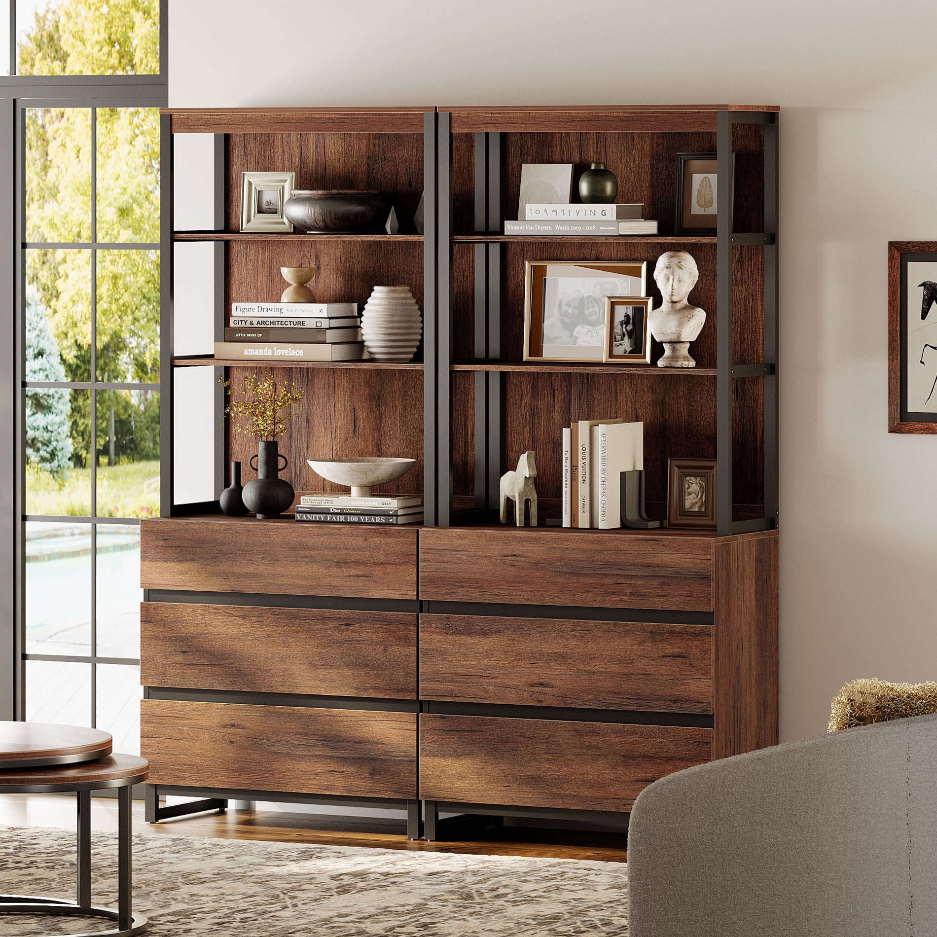 WAMPAT 2 PCS Modern 72" Tall Bookcase with 6 Drawers and Open Book Shelfs, Library Book Shelf with Storage Cabinet and Metal Base, Wood Freestanding Bookshelves for Home Office, Living Room, Brown