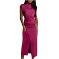 thumbnail image 1 of Vestido de Hombro Frío para Mujeres Color Sólido sin Mangas un Hombro Cintura Retracta Envoltura Nalgas Tenedor Dividido, 1 of 7