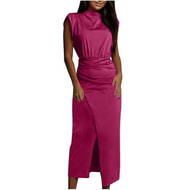 Vestido de Hombro Frío para Mujeres Color Sólido sin Mangas un Hombro Cintura Retracta Envoltura Nalgas Tenedor Dividido