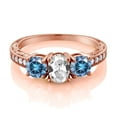 thumbnail image 2 of Gem Stone King 18K Rose Gold Plated Silver 3-Stone Ring Oval White Created Sapphire and Vivid Persian Blue Moissanite (2.12 Cttw, Size 8), 2 of 4