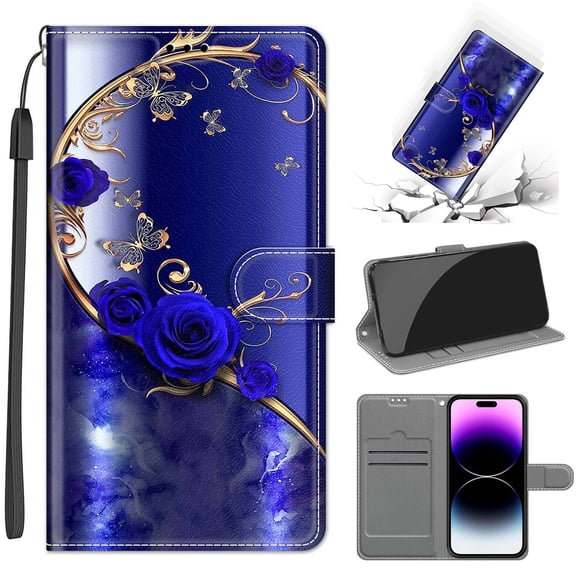 Compatible with iPhone 16e Wallet Case with Card Holder, Flip Pattern Painted PU Leather Kickstand Wrist Strap Shockproof Phone Case for iPhone 16e, Blue Rose Golden Butterfly
