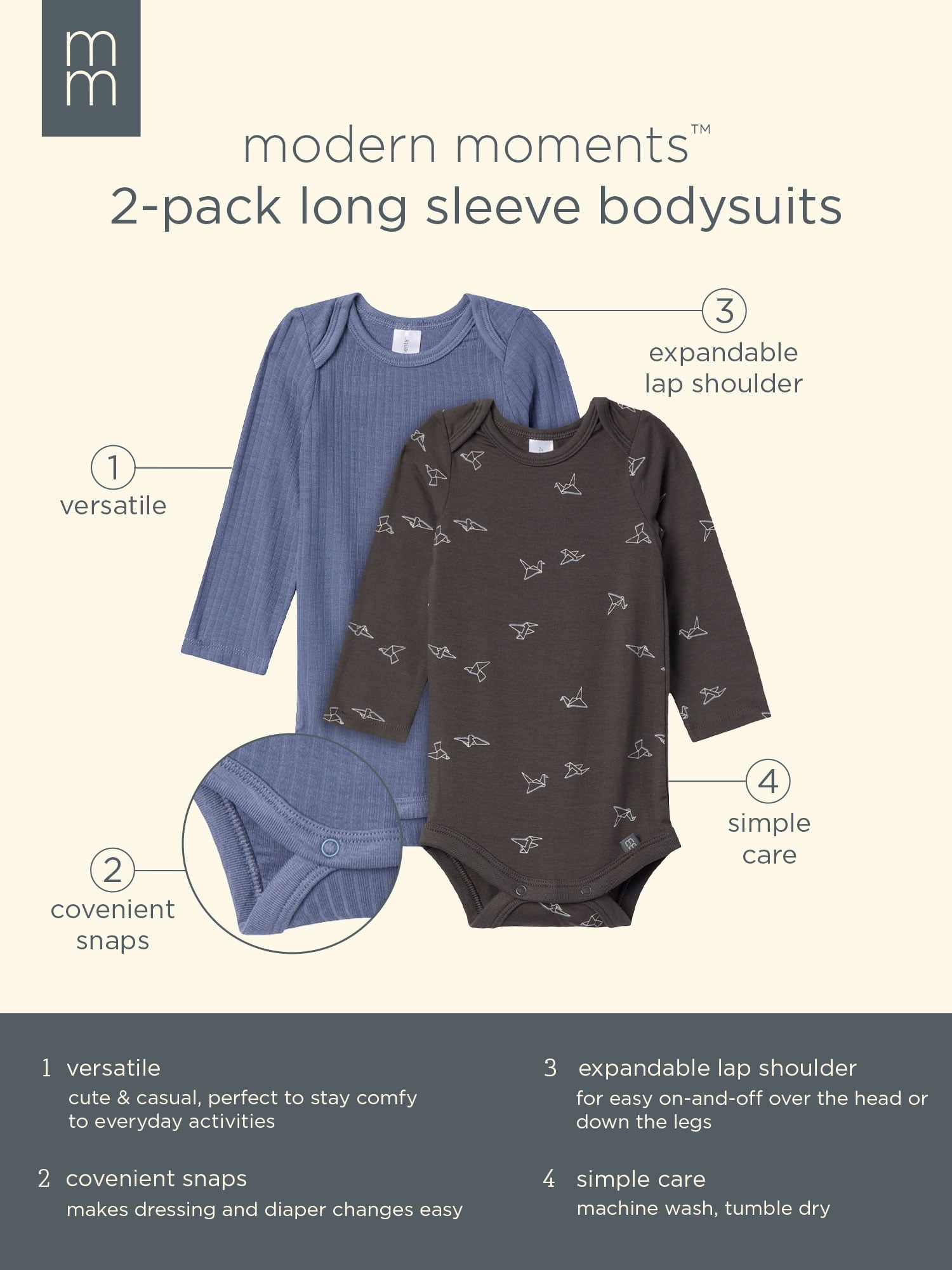 Modern Moments by Gerber Gender Neutral Super Soft Viscose Long Sleeve Bodysuits, 2-Pack, Sizes Newborn - 12 Months