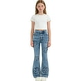 thumbnail image 3 of OGLCCG Girls Flare Jeans High Elastic Waist Bell Bottom Denim Pants with Heart Applique Stretch Cute Y2K Streetwear Trousers with Pockets 6-13 Yea, 3 of 5