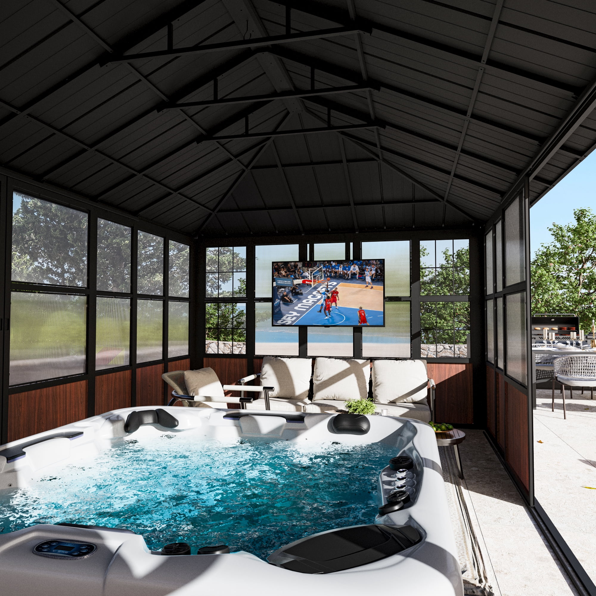 Modern Shade 12'x12' Solarium Sunroom Gazebo, TV Mount, Sliding