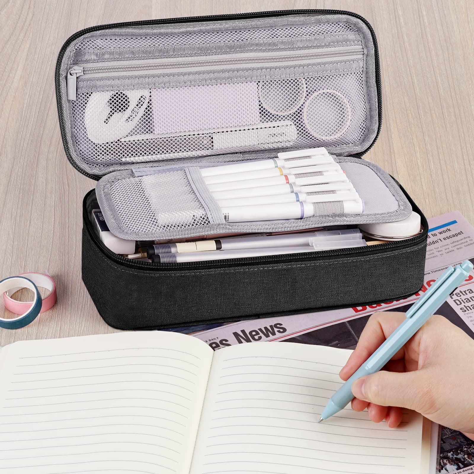 WEMATE Large Capacity Canvas Pencil Case, Black photo 5