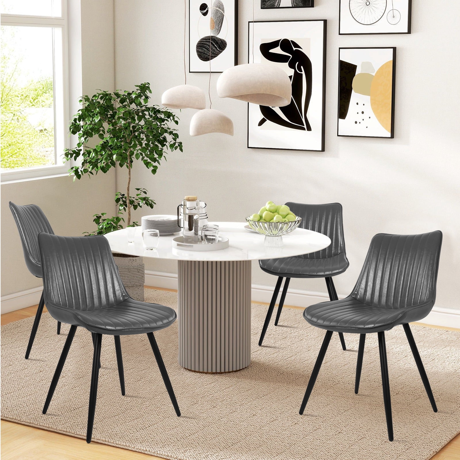 Set of 2 Gray Ergonomic Chairs, Rubberwood Frame with PU Leather, Waterproof & Easy to Clean, Sturdy Metal Legs Support Up to 300 lbs