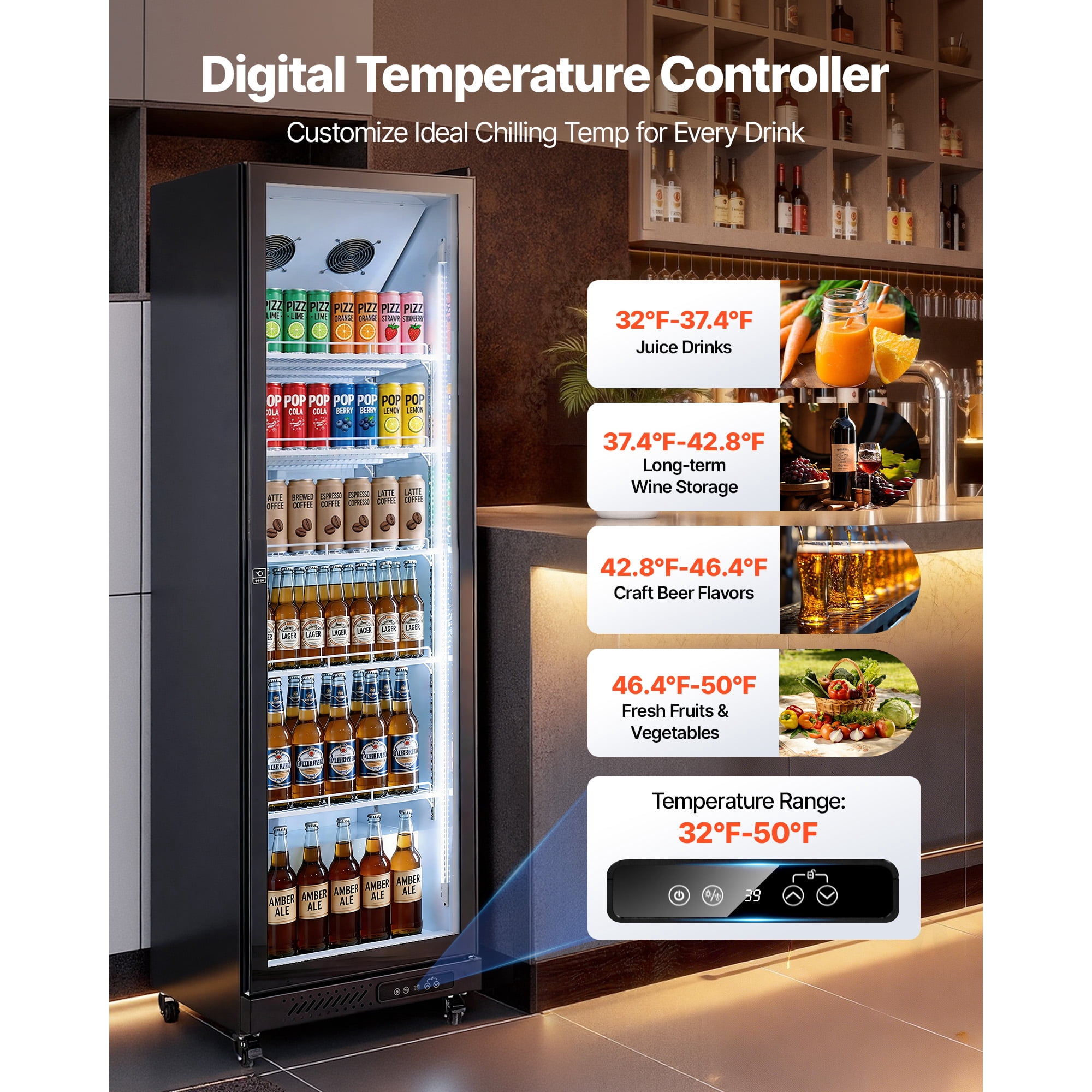 KFFKFF Commercial Merchandiser Refrigerator, 12.4 Cu.Ft / 350 L Upright Beverage Cooler with Glass Door, Adjustable Shelves, LED Lighting, and Casters for Home, Shop, or Bar Use