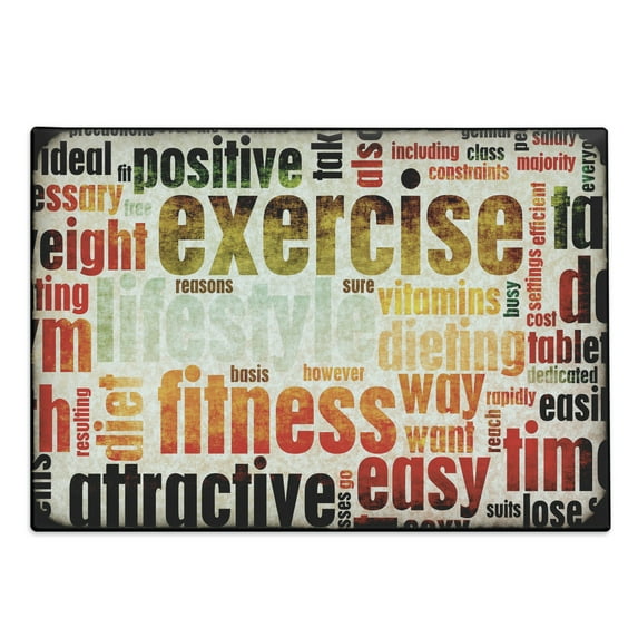 Fitness Cutting Board, Grungy Framework with Different Words Healthcare Concept Diet Endurance Exercising, Decorative Tempered Glass Cutting and Serving Board, Large Size, Multicolor, by Ambesonne