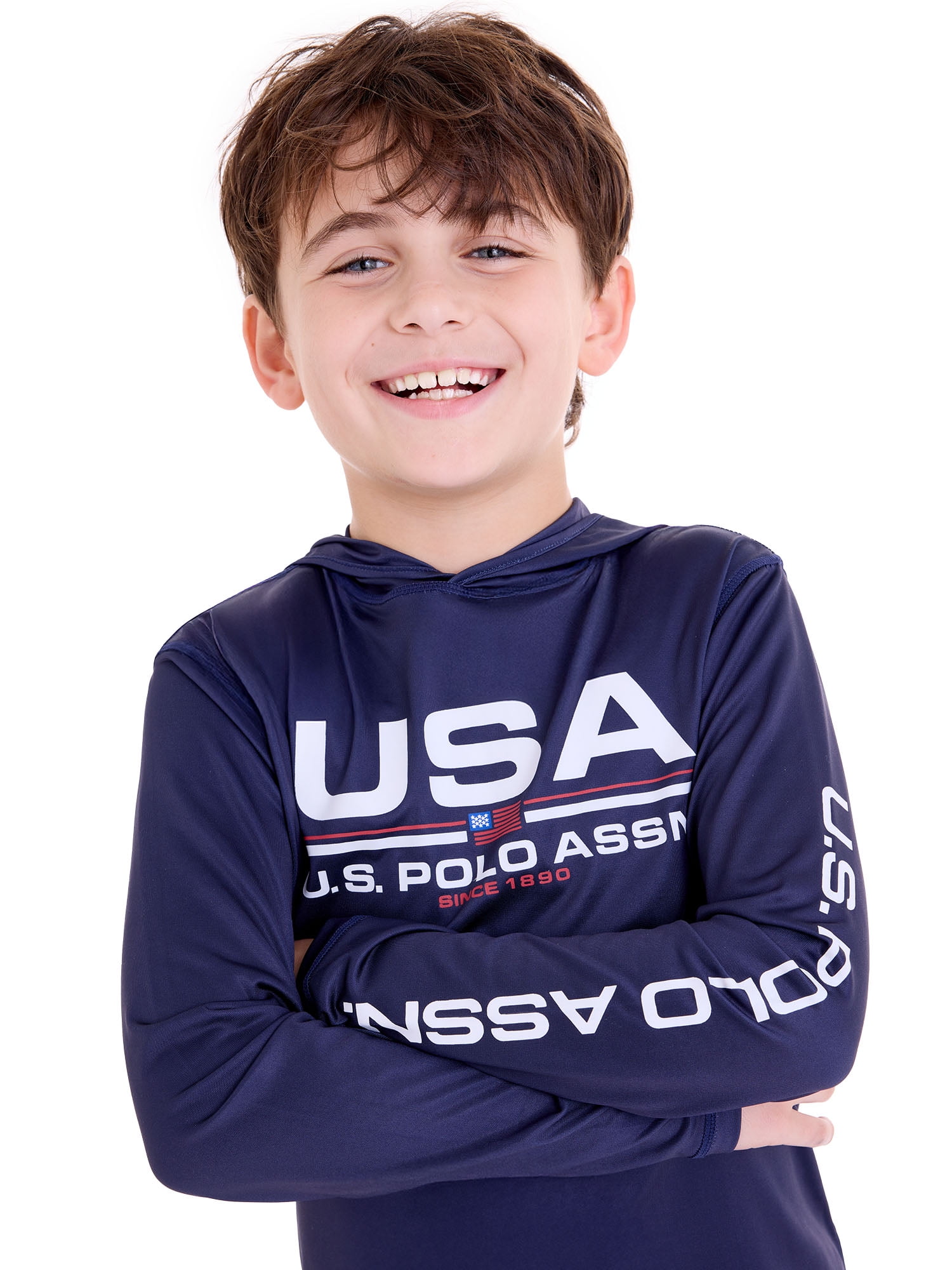 U.S. Polo Assn. Boys Long Sleeve Hooded Flag Graphic Rashguard, Sizes 4-18