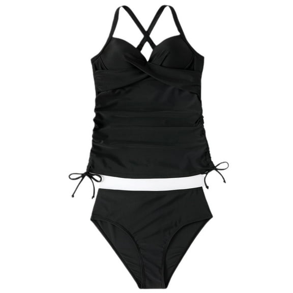 SWSMCLT Women's Beach Tankini Bathing Suit Padded Slimming Fall Casual Soft Trendy Two Piece V Neck 2 Piece Sexy Ruched Black 4-6