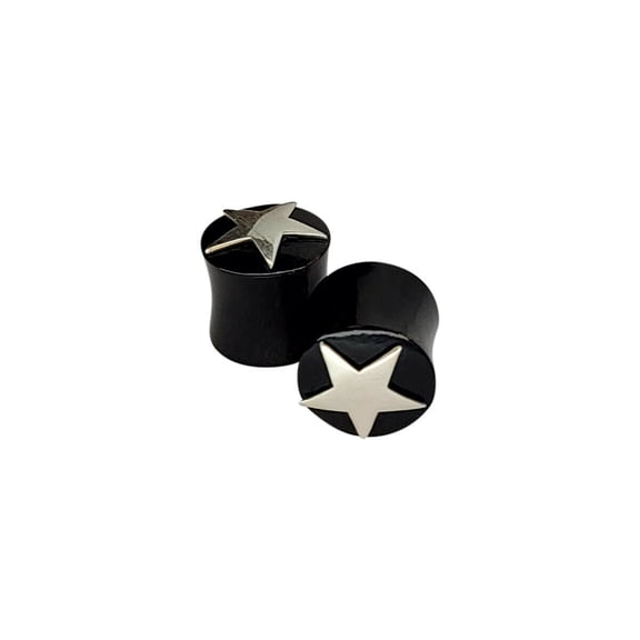 Pair of Organic Bone Solid Ear Plugs Double Flare with Silver Star Design