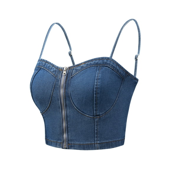 DARING DIVA Women Bustier Zip Up Adjustable Straps Jean Corset Top M Blue