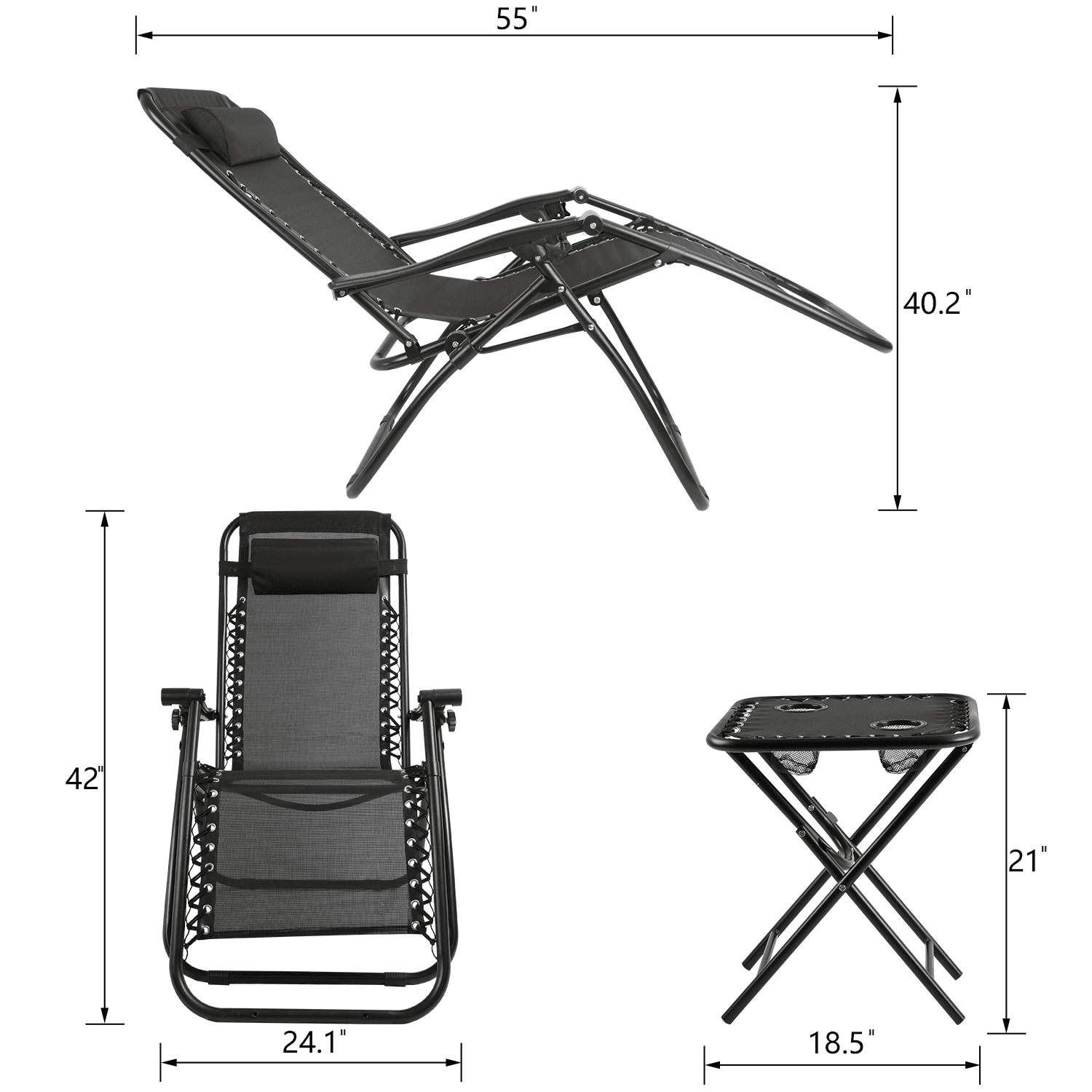 Vineego 3 Pieces Zero Gravity Chair Patio Foldable Chaise Lounge Chairs 2 Beach Chairs and Table with Cup Holders,Black
