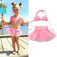 thumbnail image 2 of BemeyourBBs Toddler Baby Girl 2 Piece Swimsuit Summer Bikini Set Little Girl Bathing Suit Swimwear Pink 3D Floral Halter Bikini Top and Tutu Skirt with Liner Panty Beachwear, 2 of 7