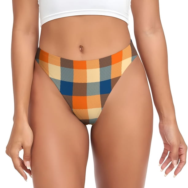 Fotbe Warm Orange Plaid Tanga Sin Costuras para Mujer con Estampado – Panties Invisibles, Transpirables y Cómodos para Uso Diario-X-Large