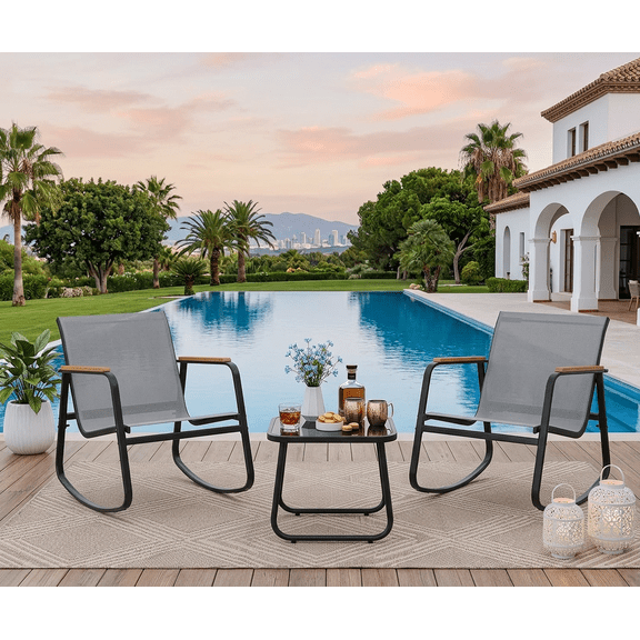 3 Piece Textilene Patio Set, Fabric Rocking Bistro Furniture, Front Porch Rocker Chairs with Tempered Glass Coffee Table, for Lawn, Garden, Balcony, Poolside, Gray