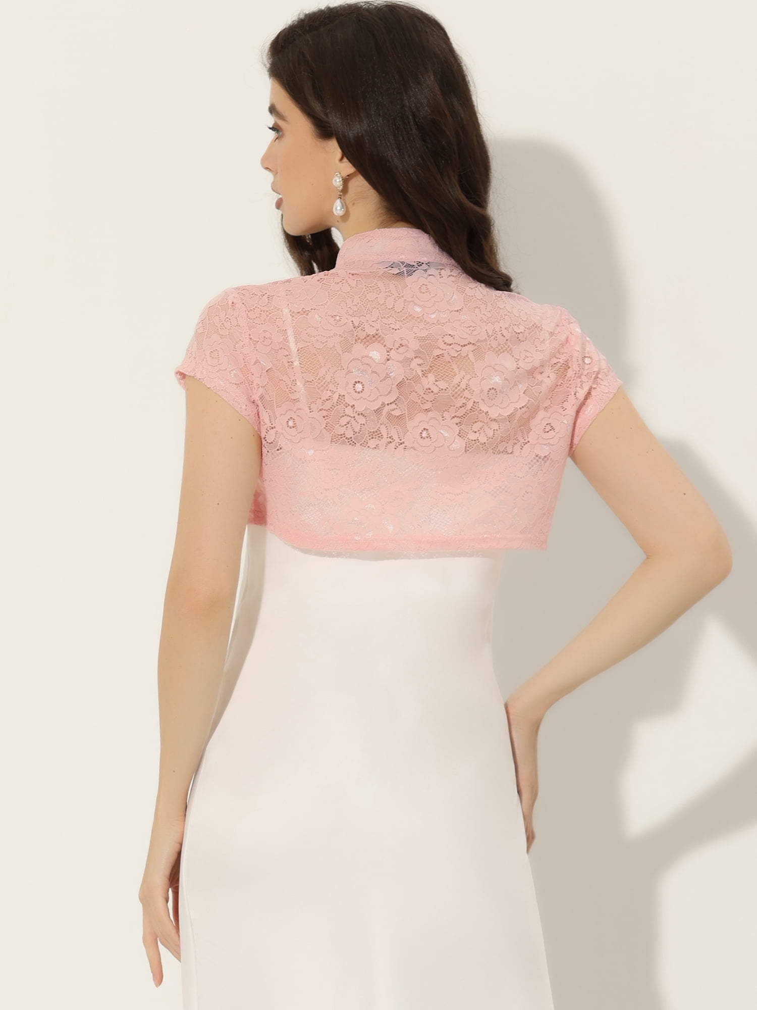 DARING DIVA Lace Cardigan Stand Collar Short Elegant Shrug L Pink