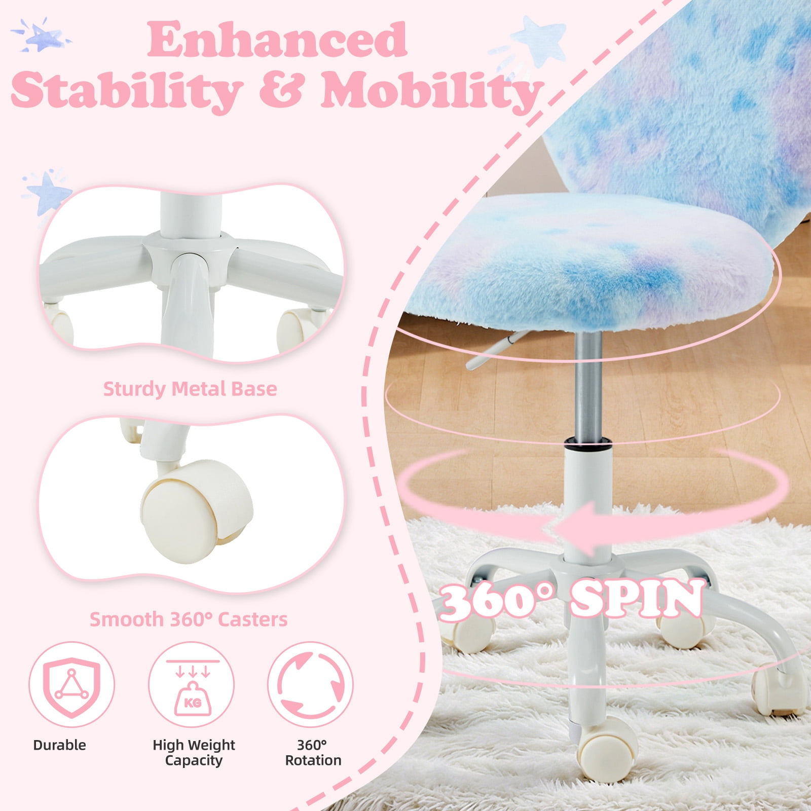 Vicluke Kids Desk Chair with Wheels Adorable Fluffy Girls Desk Chair with Heart-Shaped Backrest Design Adjustable Seat Height for Bedrooms & Study Rooms, Dreamy Blue